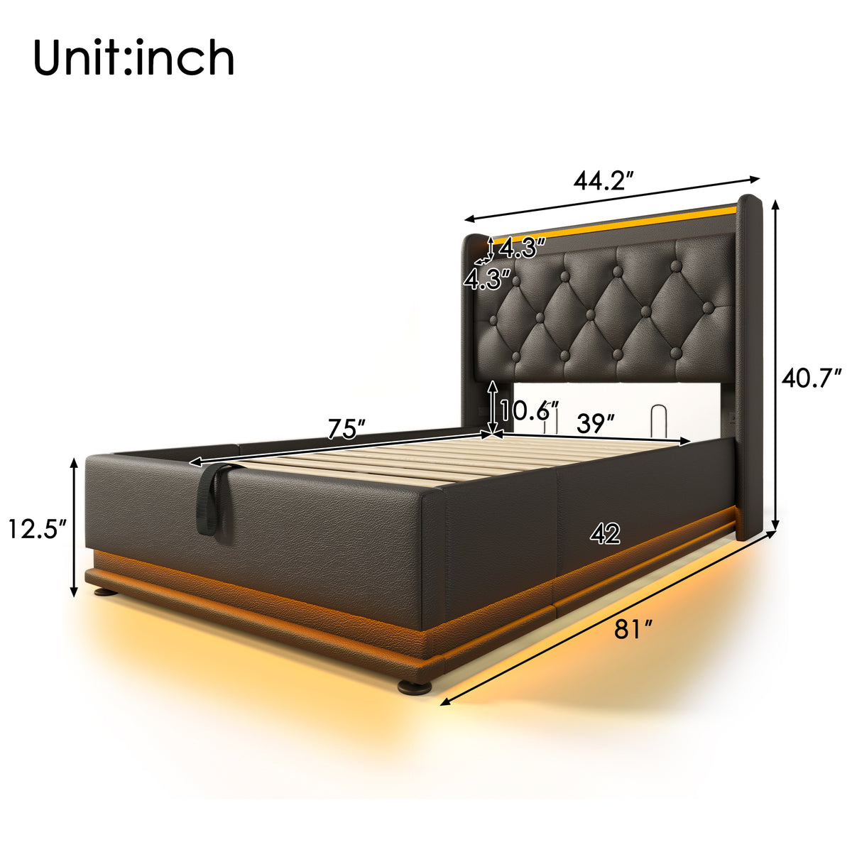 variant-group:rf-n736p188805b|Roomfitters Twin Size Upholstered Storage Bed with USB Type-C Charging and Remote Control, Faux Leather Black