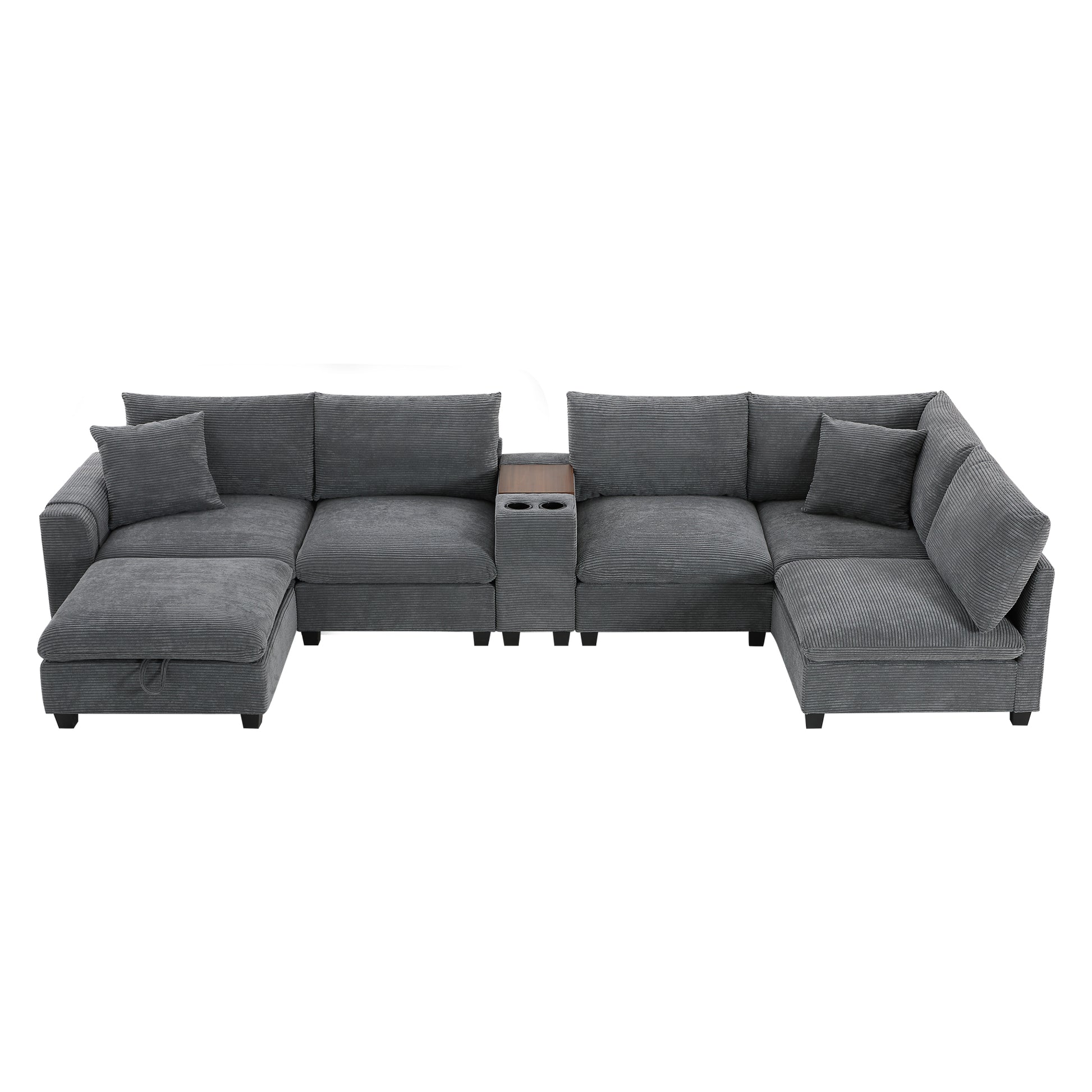 variant-group:rf-n723s1166e|Roomfitters 139 Inch U-Shaped Modular Sectional Sofa with Storage Console, Cup Holders and USB Ports for Living Room, Gray