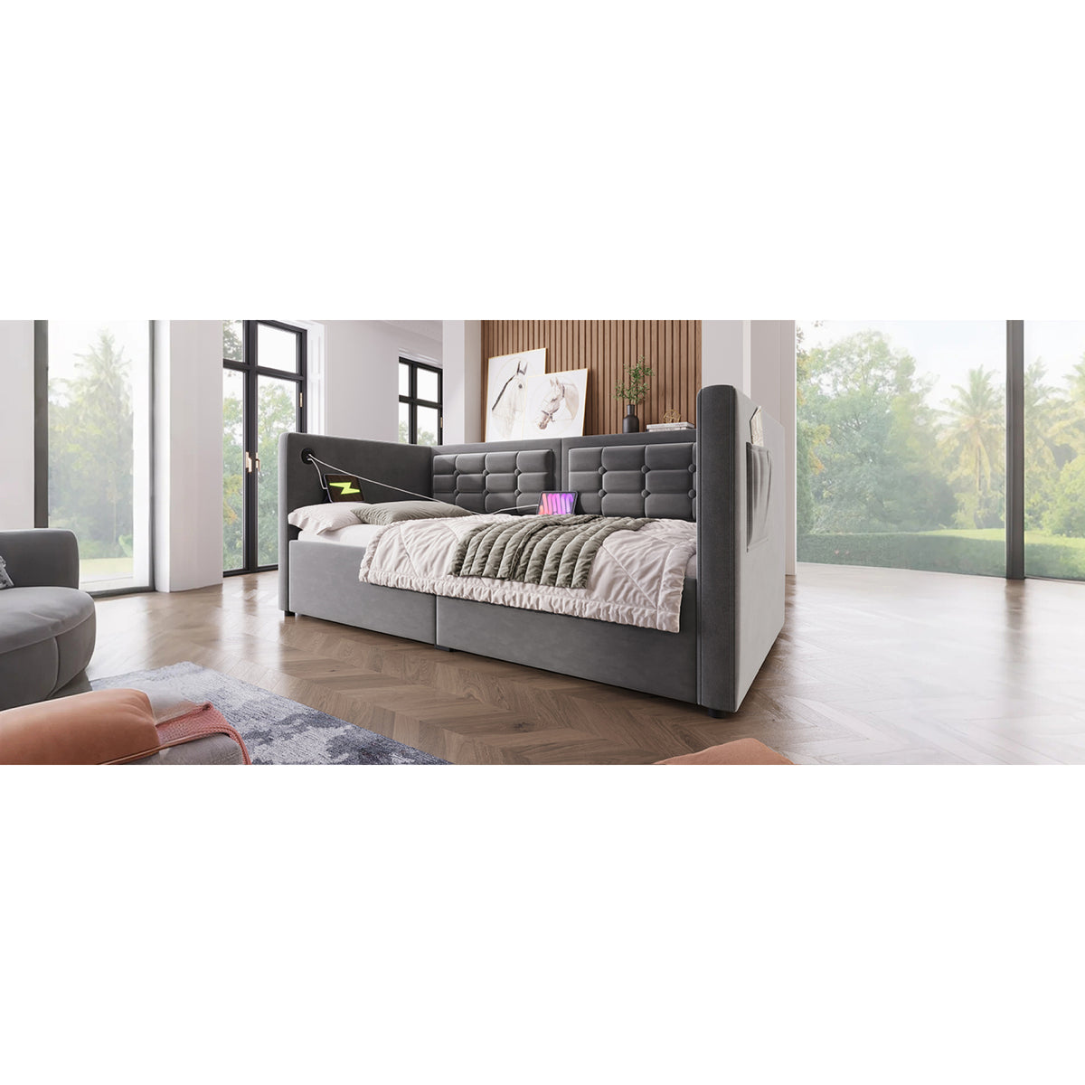 variant-group:rf-n736p303402g|Roomfitters Upholstered Twin Size Daybed with Storage, USB & Type-C Charging, Tufted Sofa Back, Velvet Gray