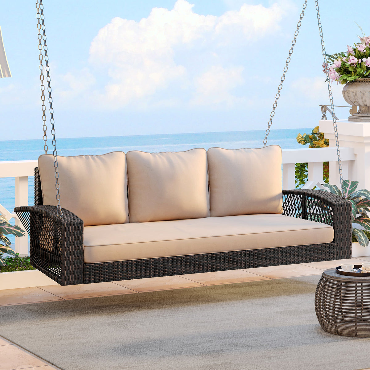 Roomfitters 69" PE Wicker 3-Person Porch Swing, Large Patio Swing Bench with Chains & Cushions, Backyard & Garden, Brown Roomfitters