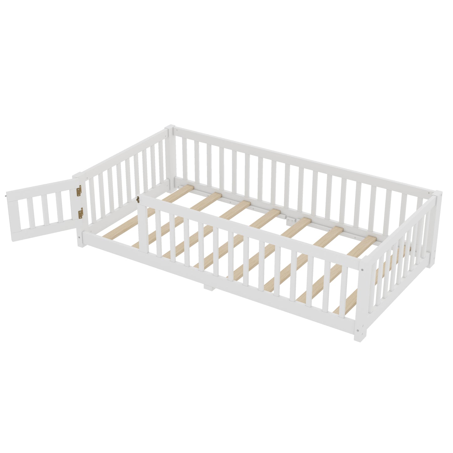 variant-group:rf-w1580p338944|Roomfitters Wooden Twin Floor Bed Frame with Door & Safety Guardrails, Low Platform Design for Bedroom or Playroom, White