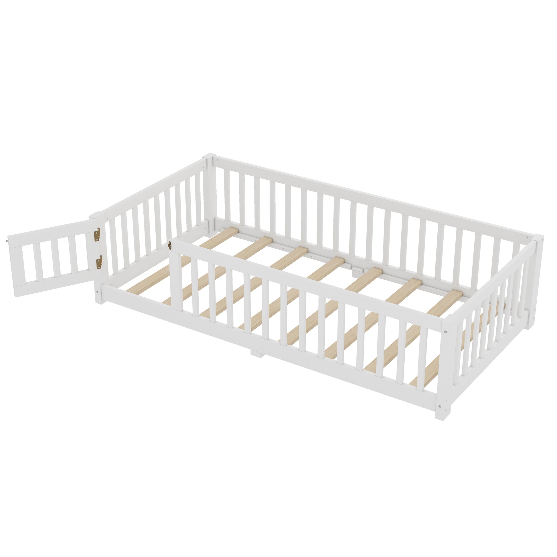 variant-group:rf-w1580p338944|Roomfitters Wooden Twin Floor Bed Frame with Door & Safety Guardrails, Low Platform Design for Bedroom or Playroom, White