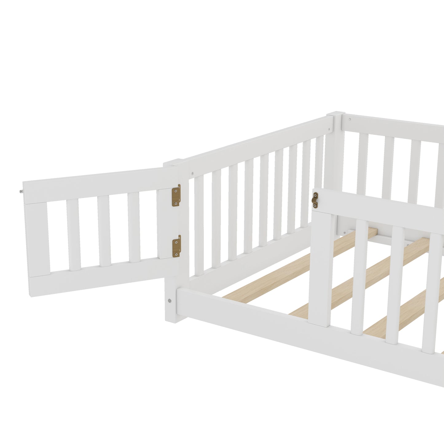 variant-group:rf-w1580p338944|Roomfitters Wooden Twin Floor Bed Frame with Door & Safety Guardrails, Low Platform Design for Bedroom or Playroom, White