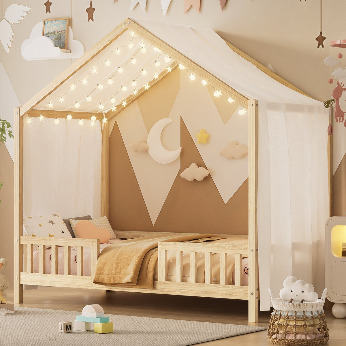 variant-group:rf-n733p356043m|Roomfitters Twin Montessori Floor Bed with Canopy, House Shape Wood Frame with Safety Rails, Youth Platform Bed, Natural