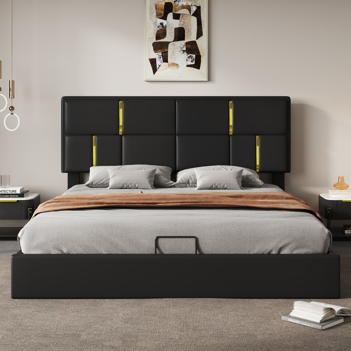 variant-group:rf-n733s362241b|Roomfitters Queen Upholstered Platform Bed with Hydraulic Storage Lift, Modern Bed Frame, No Box Spring Required, Black