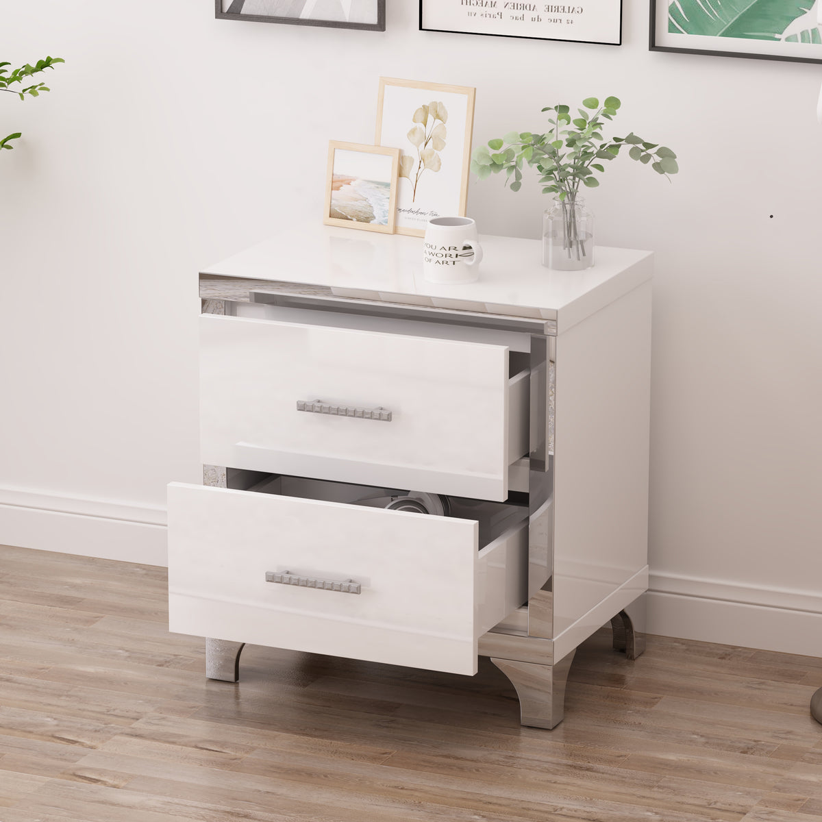 variant-group:rf-n733p205356k|Roomfitters High Gloss Nightstand with Metal Handle, Mirrored Bedside Storage Table for Bedroom or Living Room, White