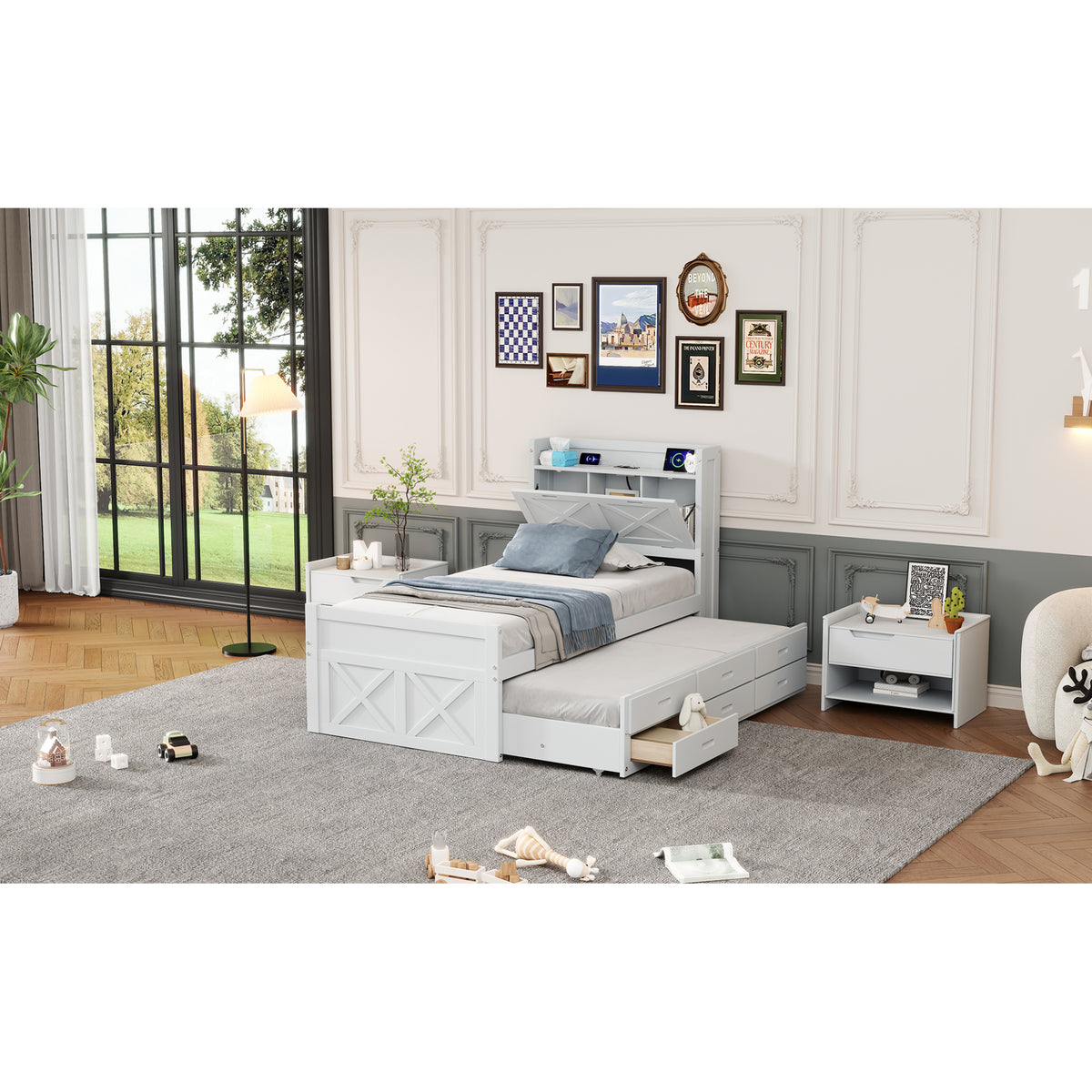 variant-group:rf-n733s172839k|Roomfitters Twin Size Wooden Bed with Storage Headboard, Functional Outlets, Extendable Frame with Twin Trundle and Smart Storage, White