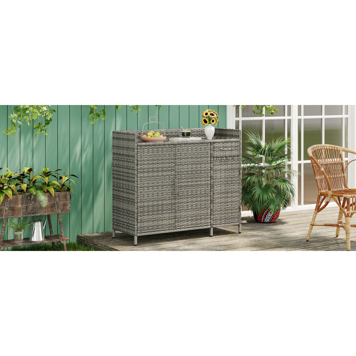 variant-group:rf-n707p233745g|Roomfitters 47.5" Wicker Outdoor Storage Cabinet, Rattan Bar Table with Glass Top, Adjustable Shelf, 3 Doors, Grey