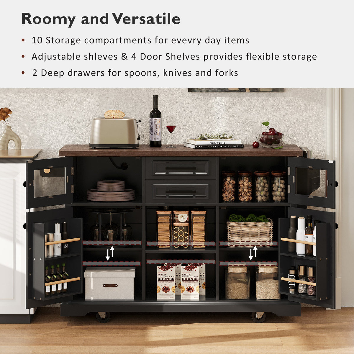 variant-group:rf-n707s300277b|Roomfitters 54.9" Kitchen Island with Drop Leaf, Rolling Kitchen Cart with Barn Door and Glass Door, Storage Cabinet, Black