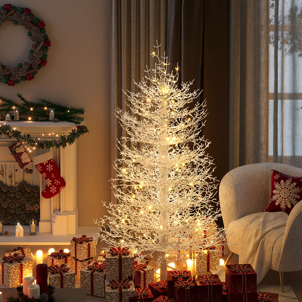 Roomfitters Pre-Lit Aspen Fir Christmas Tree 4FT, Hinged Snow-Flocked Artificial Holiday Tree with Warm Lights, 280 Tips, White Roomfitters