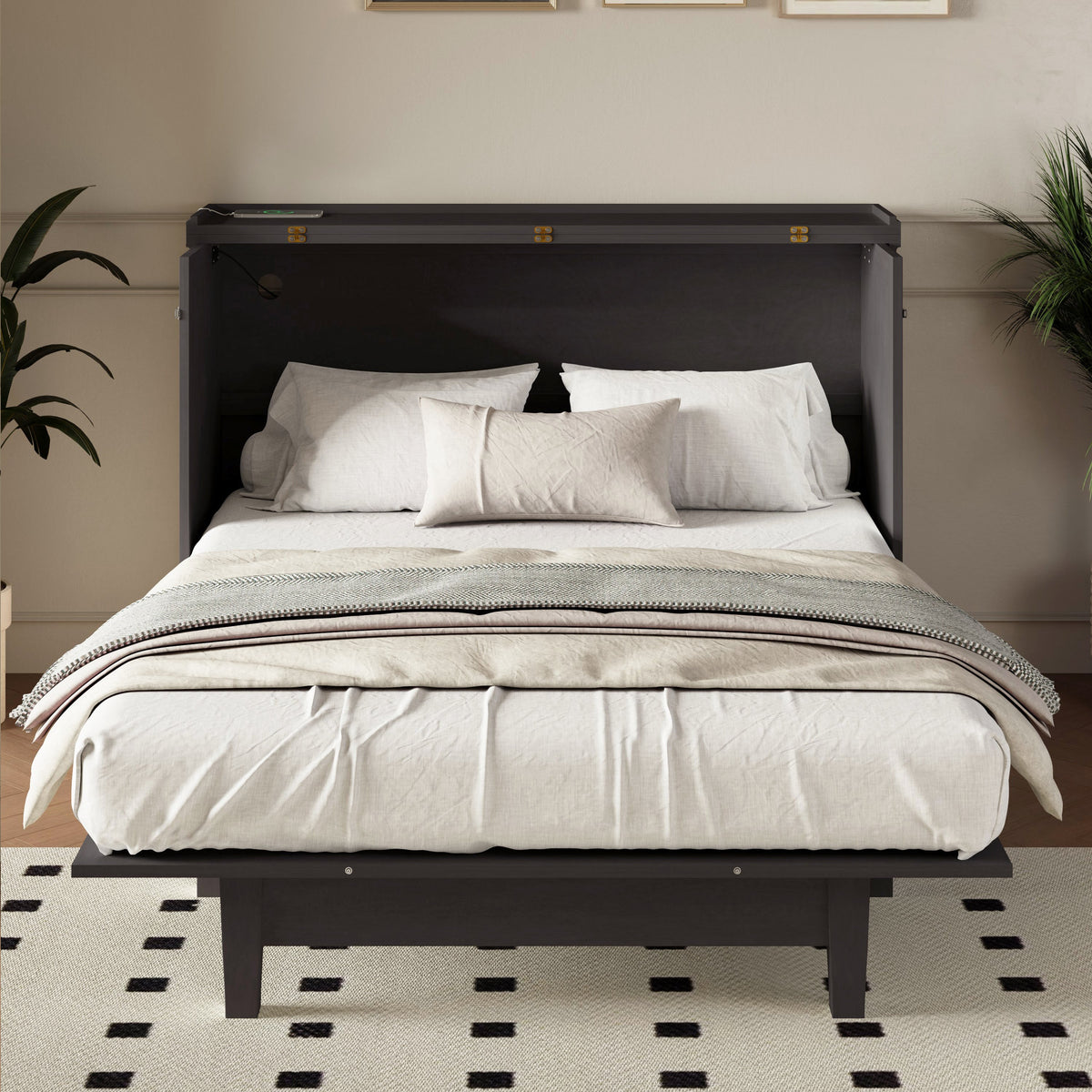 Roomfitters Full Size Solid Wood Murphy Bed Chest Cabinet, Farmhouse Wall Bed Charging Station Storage Drawer, Grey Roomfitters