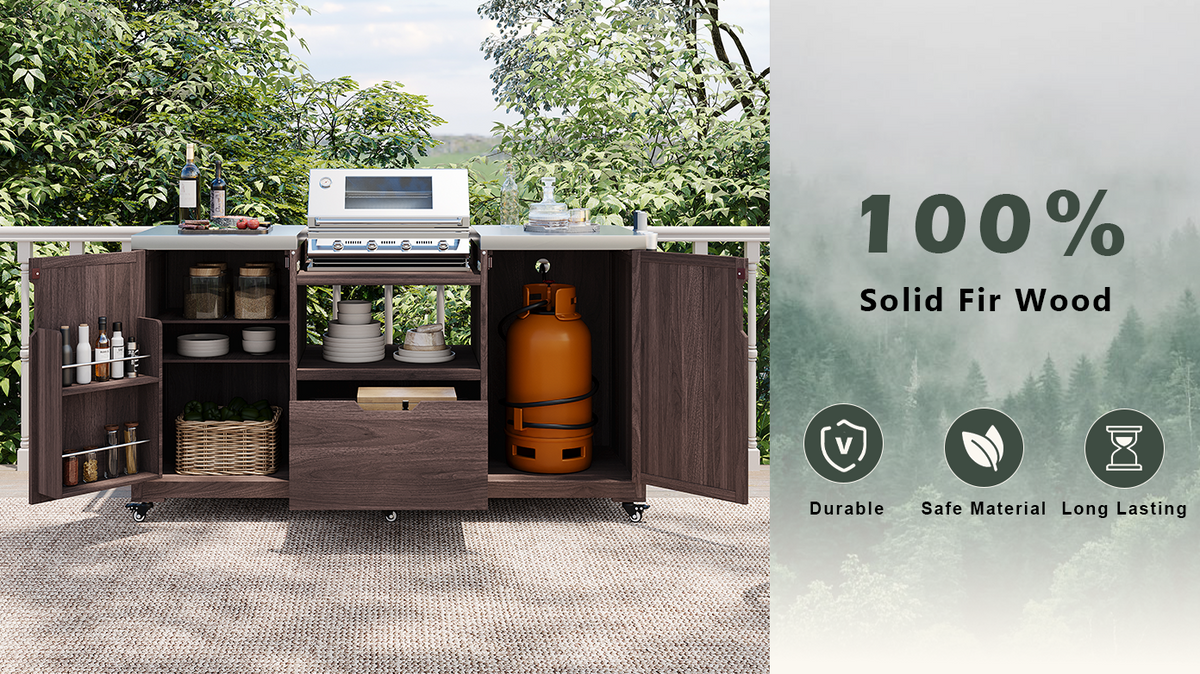 variant-group:rf-n707p250629z|Roomfitters 66.5" Outdoor Kitchen Island for Big Kamado Grills, Wood Grill Cart with Stainless Steel Top, Storage, Dark Brown