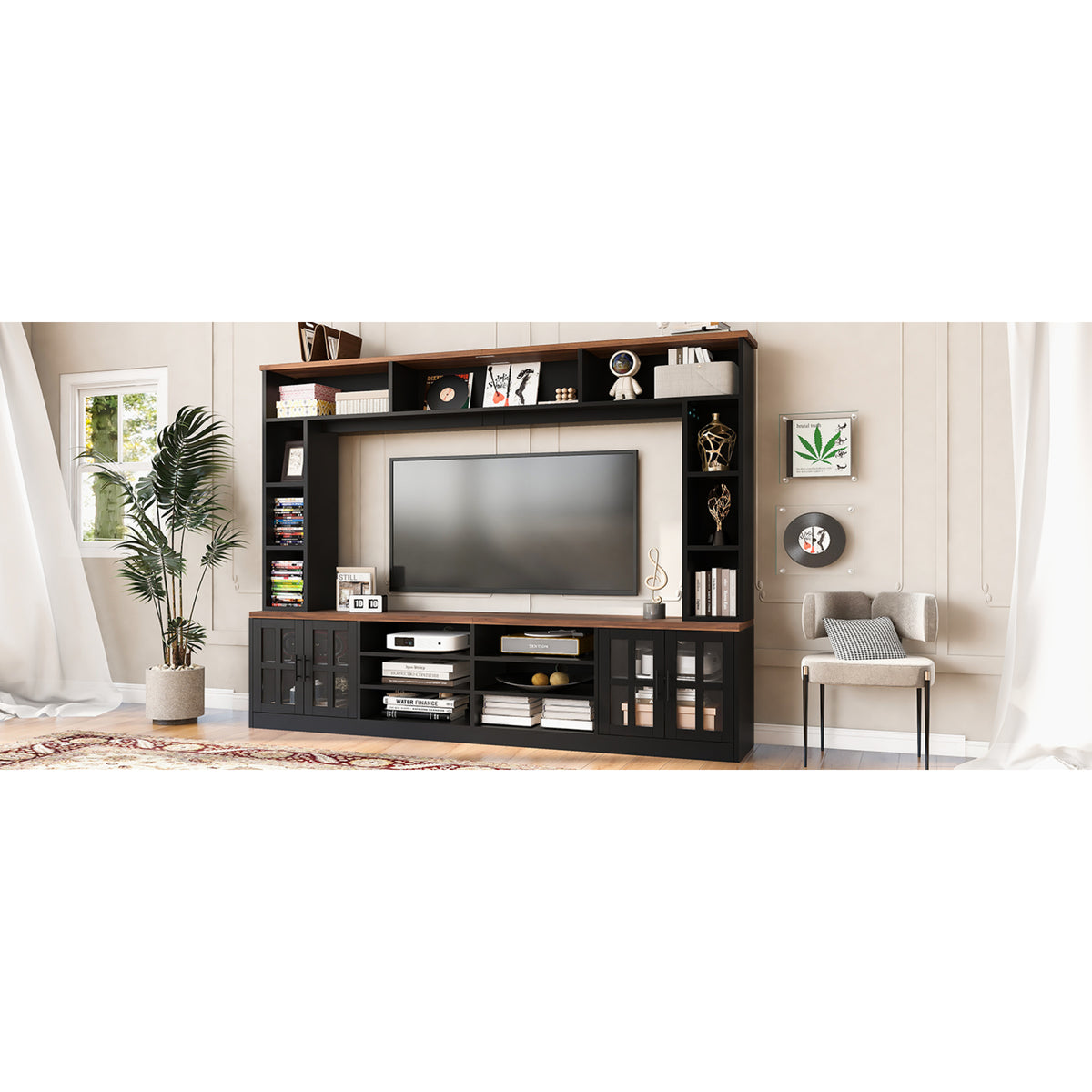 variant-group:rf-n724sj000127aab|Roomfitters Wall Unit Entertainment Center for up to 80 Inch TV, Media Console with Cabinets and Bookshelves, Black