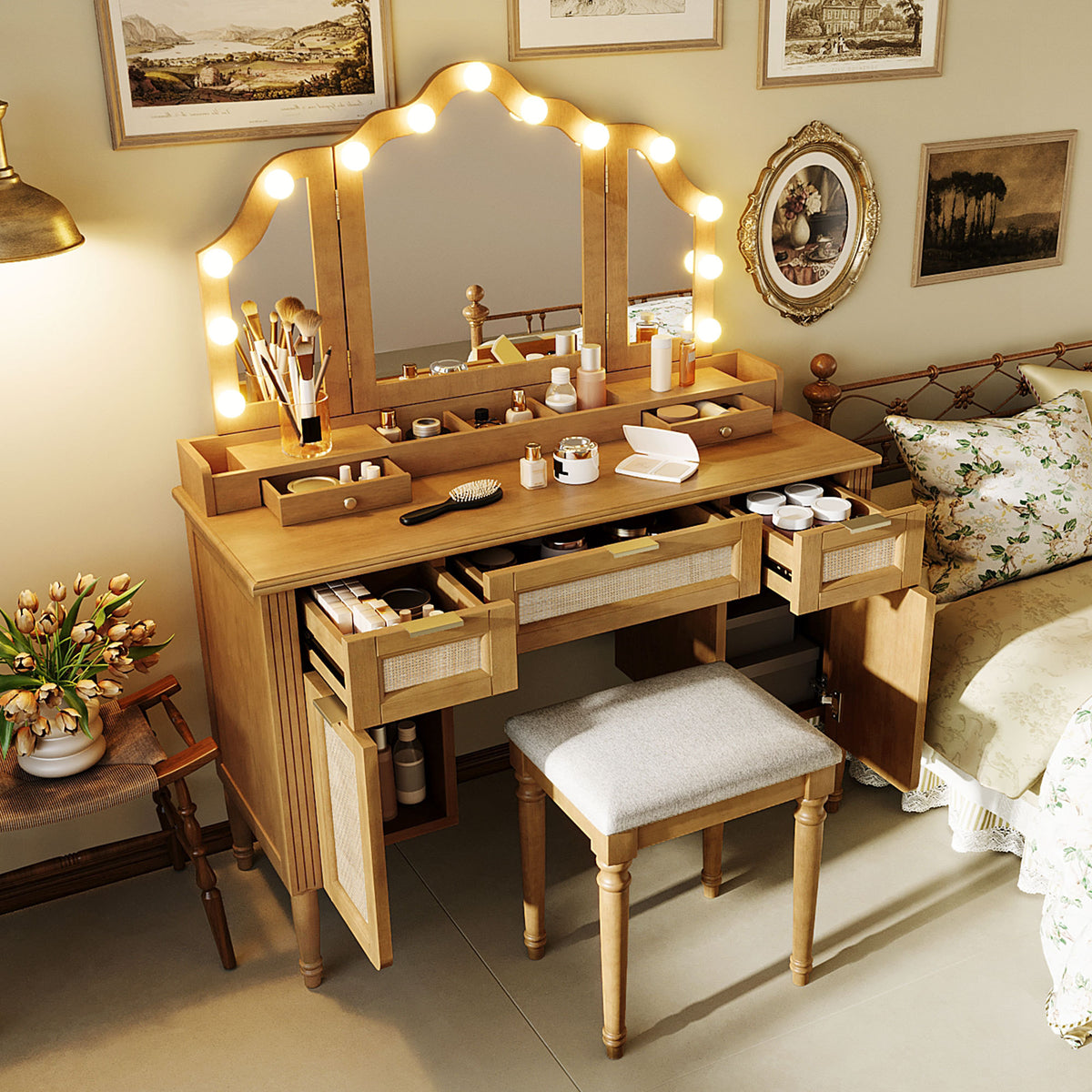 variant-group:rf-n704p342558n|Roomfitters 44-Inch Bohemian Makeup Vanity Desk with 13 Hollywood Bulbs Tri-Fold Mirror and Bamboo Drawers Natural