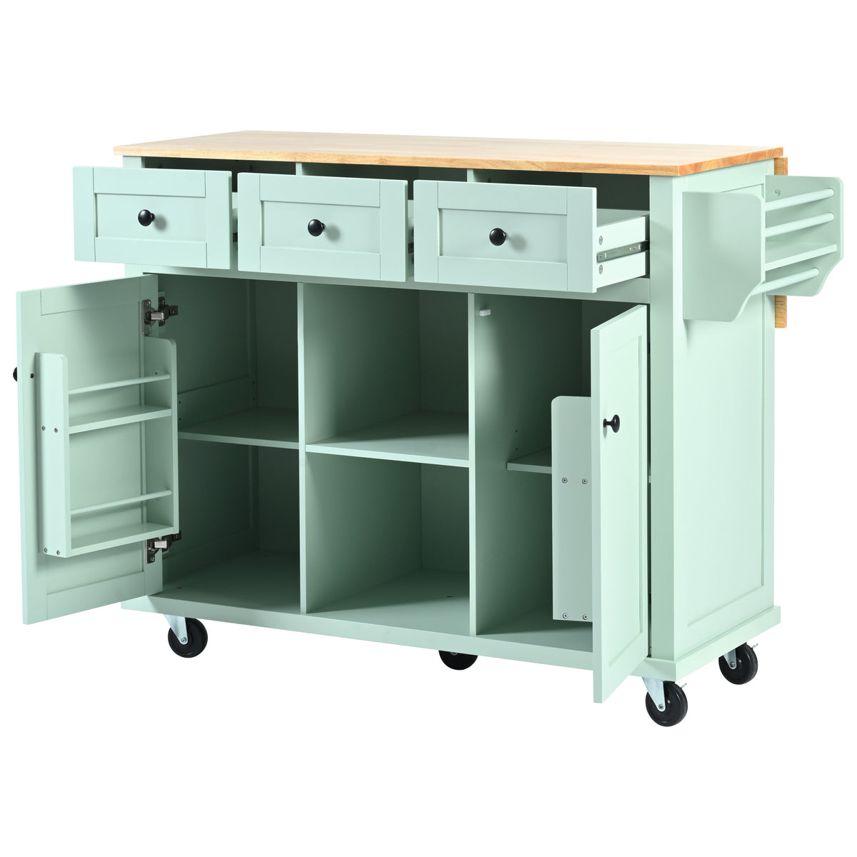 variant-group:rf-n707wf298028aae|Roomfitters Kitchen Cart with Rubber Wood Drop-Leaf Countertop, Cabinet Door Storage Racks, 5-Wheel Kitchen Island with Storage Cabinet & 3 Drawers, Mint Green