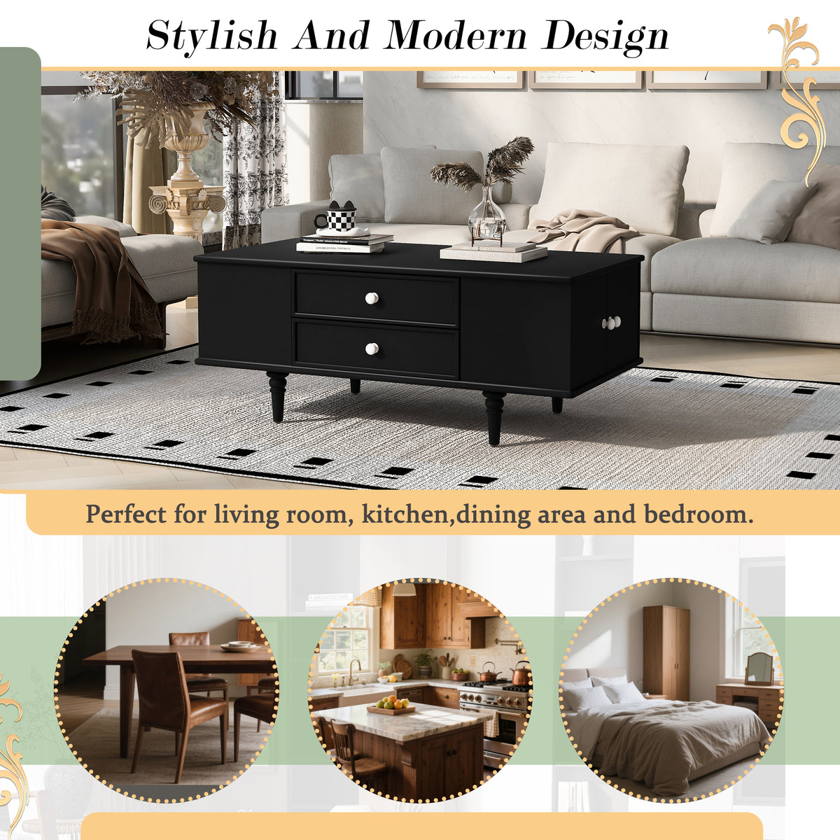 variant-group:rf-n724p286418b|Roomfitters Modern Rectangle Coffee Table with 4 Drawers and Hidden Side Storage, Solid Wood Legs, Black