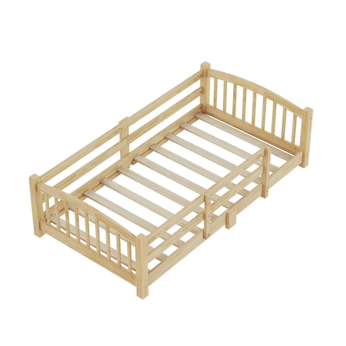 variant-group:rf-n733p400298n|Roomfitters Twin Montessori Floor Bed with Guardrails, Solid Wood Low Platform Bed with Slats, Easy Assembly, Natural