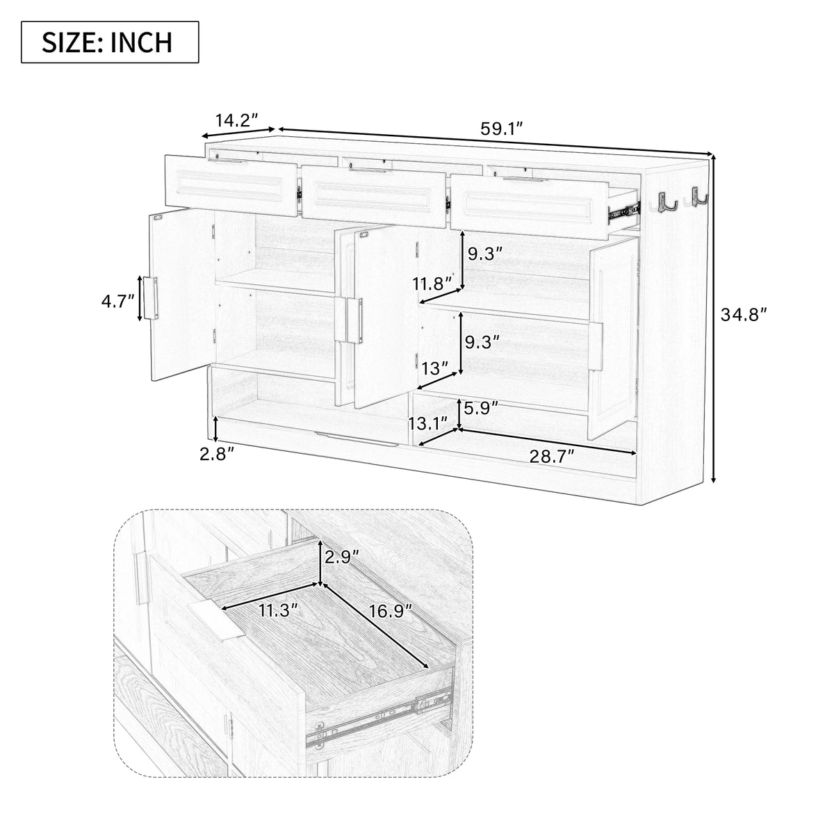variant-group:rf-n711p345213o|Roomfitters 59.1" Farmhouse Sideboard Buffet Cabinet with 3 Drawers and 4 Doors, Kitchen Storage with Open Shelf, Natural