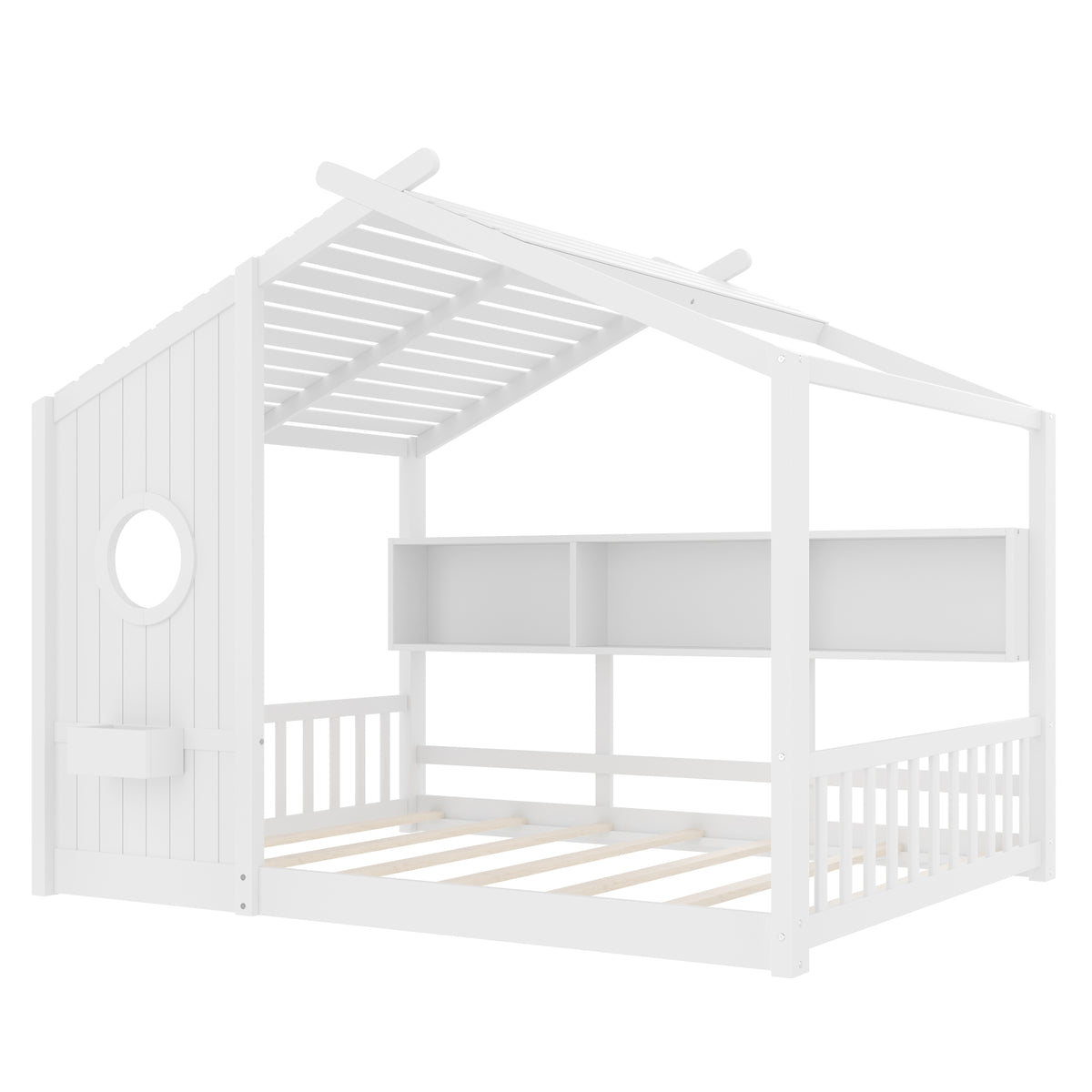 variant-group:rf-n733p335068k|Roomfitters Full Size Floor House Bed with Storage Shelf and Roof Design, Montessori Playhouse Bed, White