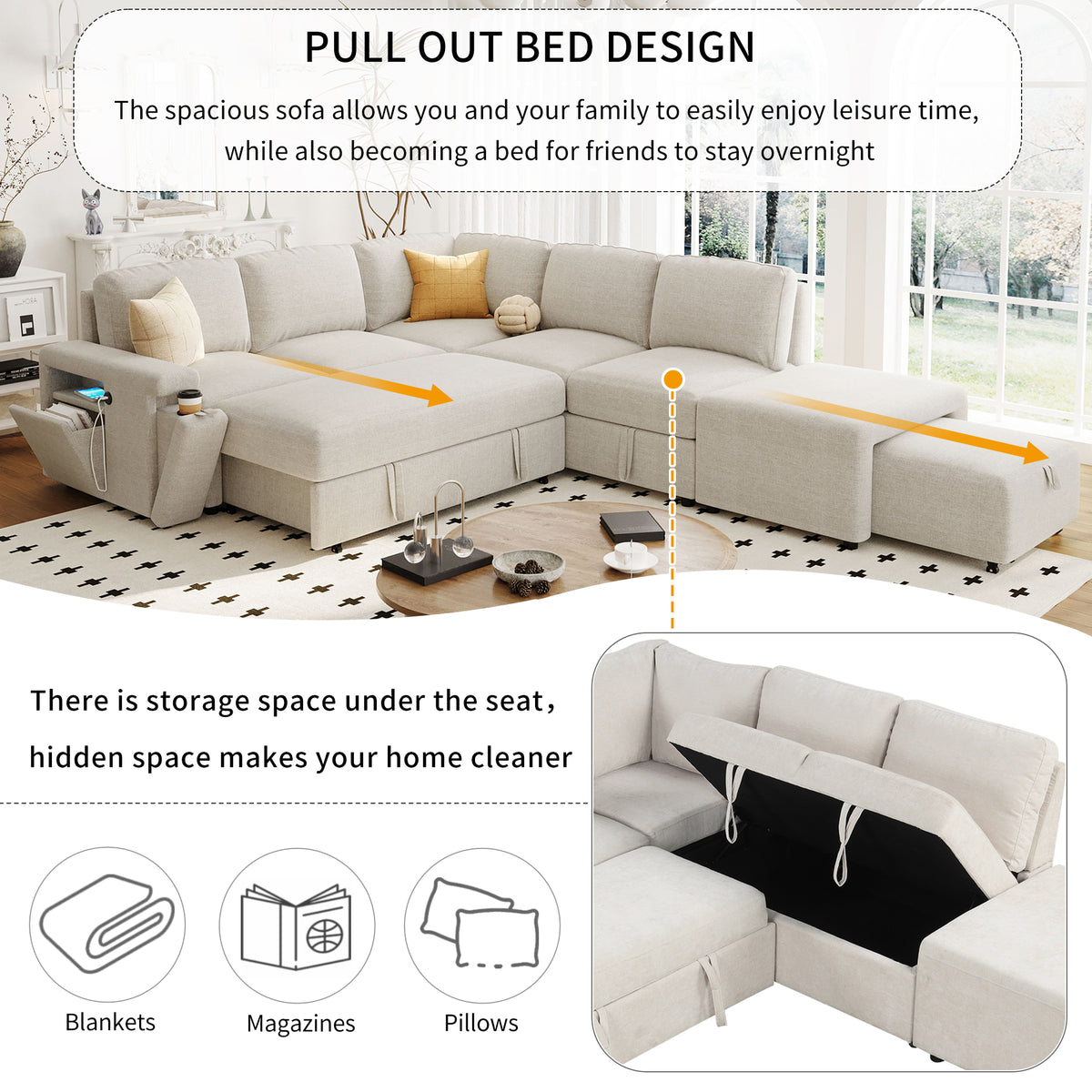 variant-group:rf-n711wy000390aaa|Roomfitters L-Shaped Padded Modular Sofa with Storage Space, USB Ports, and Cup Holders on the Armrests, Suitable for Living Rooms, Offices, and Apartments, Beige