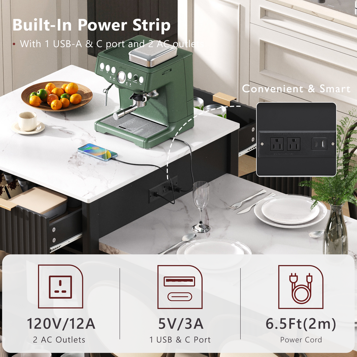 variant-group:rf-n707s000018b|Roomfitters 82.6" Fluted Kitchen Island with 51" Extendable Dining Table for 4-6, Power Outlet, Black