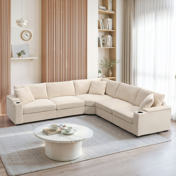 Roomfitters 104 Inch Modern L-Shaped Sectional Sofa with Cup Holders, Comfortable Corduroy Upholstered Corner Couch