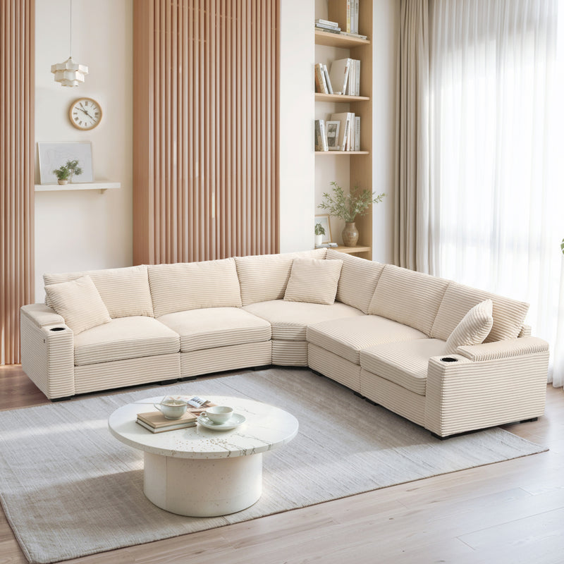 variant-group:rf-n723s1187a|Roomfitters 104 Inch Modern L-Shaped Sectional Sofa with Cup Holders, Comfortable Corduroy Upholstered Corner Couch, Beige