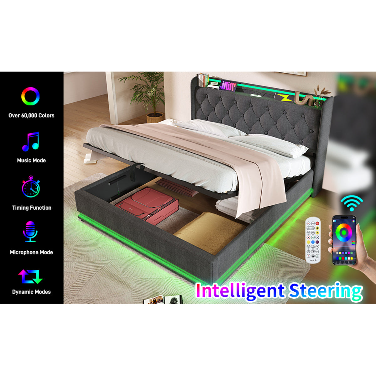 variant-group:rf-n736p188807g|Roomfitters Queen Size Upholstered Storage Bed with USB Type-C Charging and Remote Control, Linen Gray