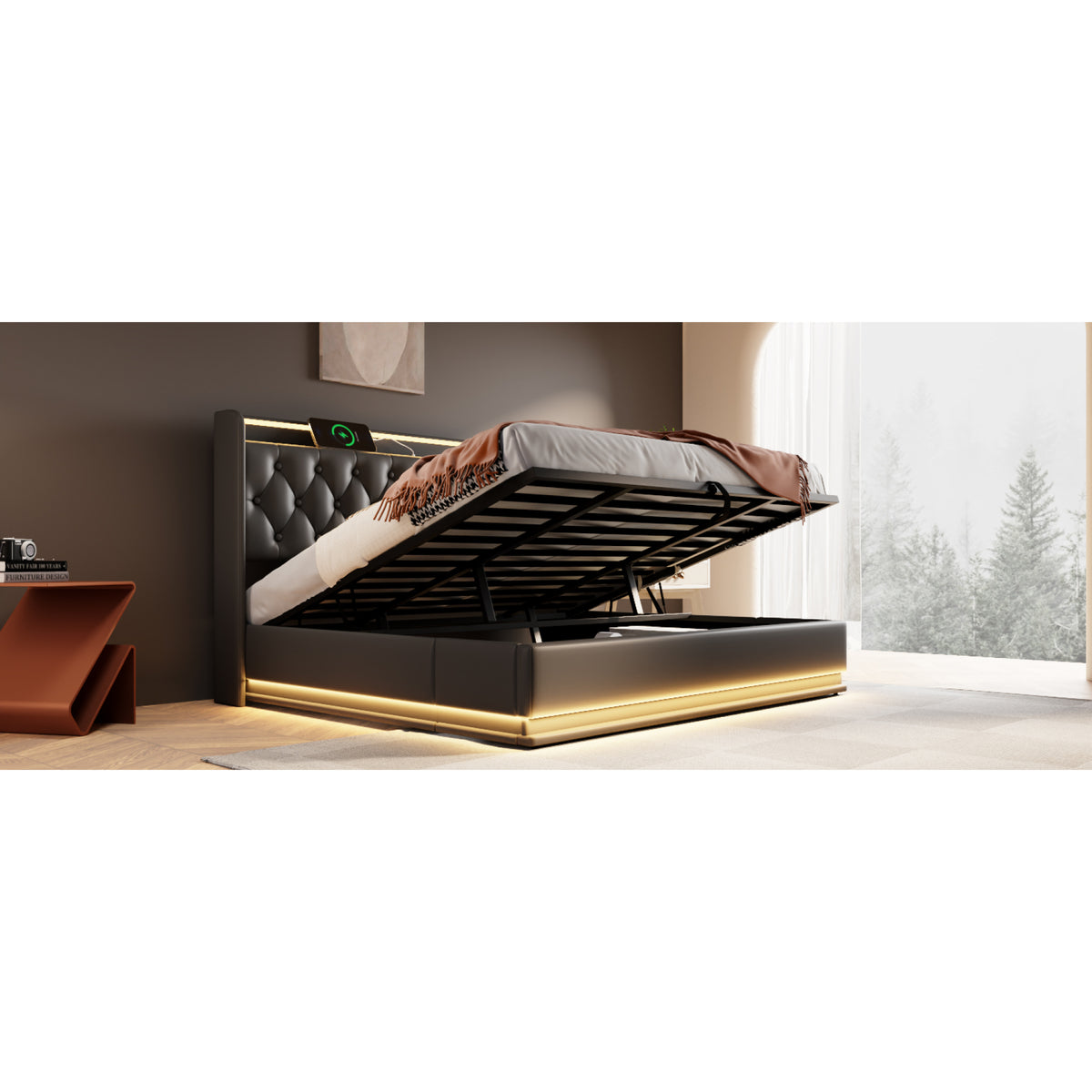 variant-group:rf-n736p188808b|Roomfitters King Size Upholstered Storage Bed with USB Type-C Charging and Remote Control, Faux Leather Black