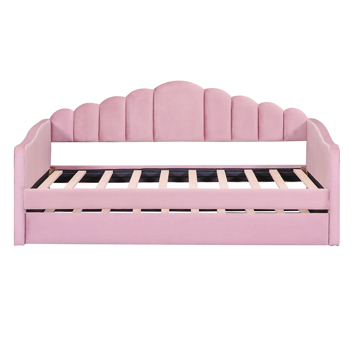 Roomfitters Twin Upholstered Daybed with Trundle, Velvet Sofa Bed with USB Charging Ports, No Box Spring, Pink