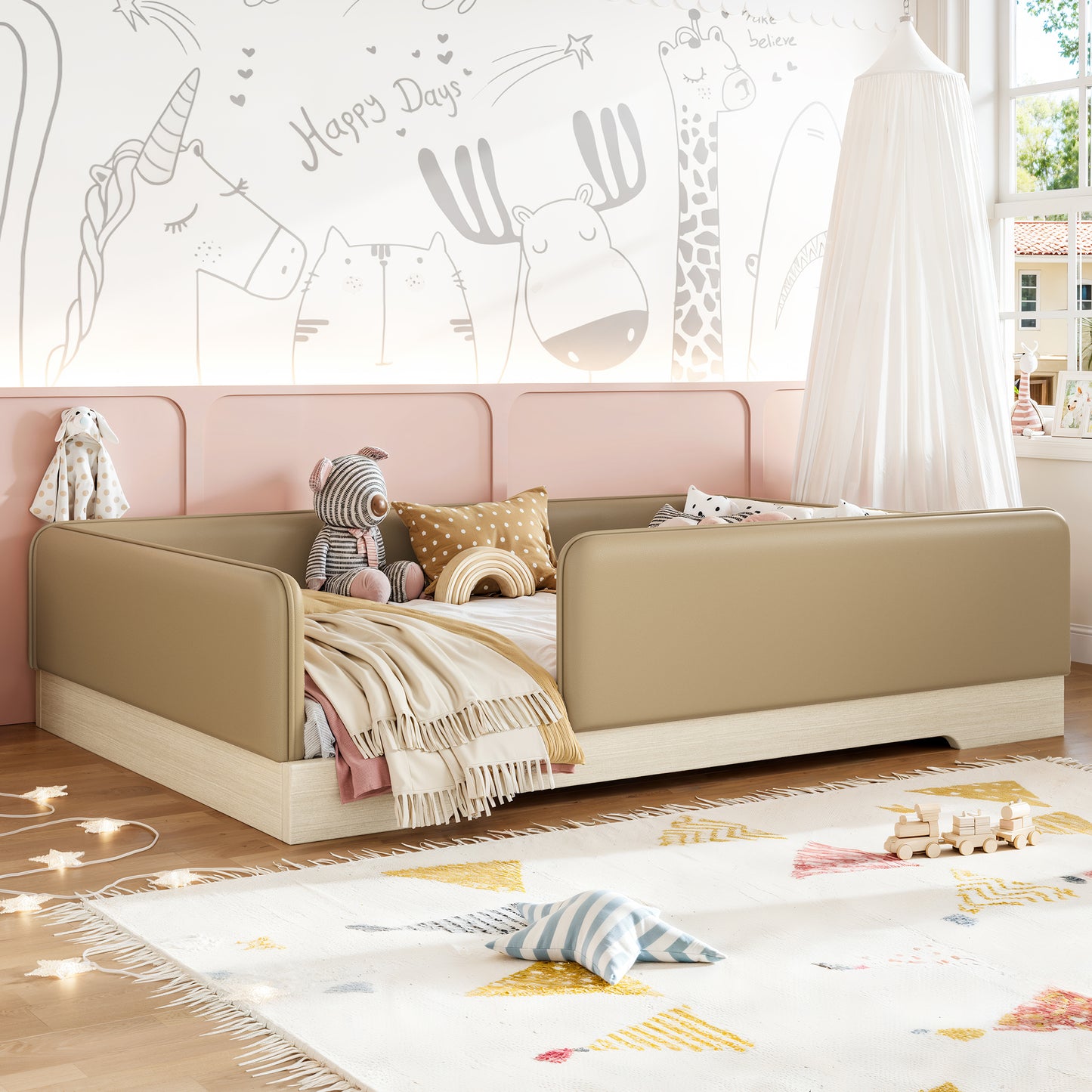 variant-group:rf-w1580s00670|Roomfitters Full Size Upholstered Floor Bed Frame with Removable Guardrails, Faux Leather Low Profile Platform, Brown