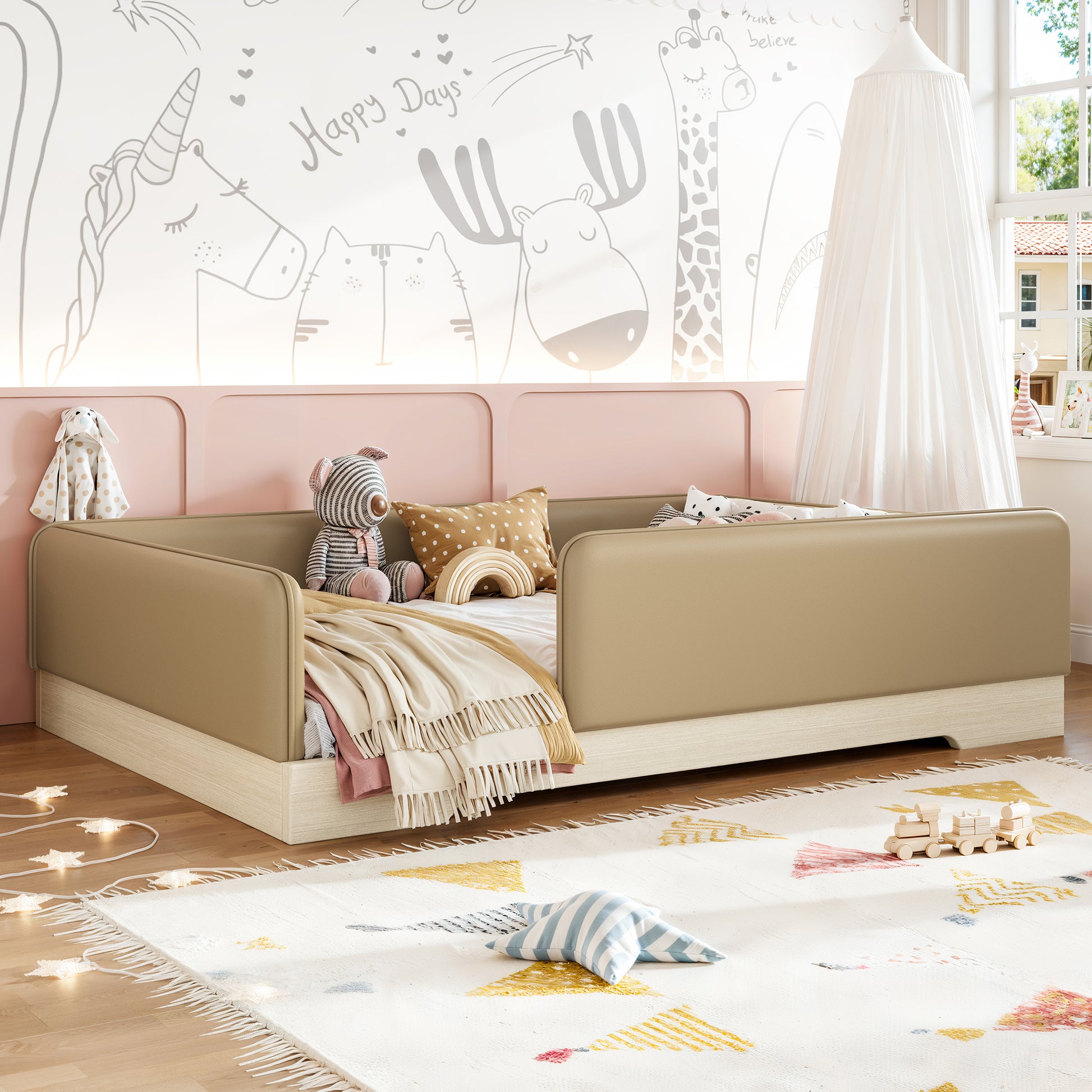 variant-group:rf-w1580s00670|Roomfitters Full Size Upholstered Floor Bed Frame with Removable Guardrails, Faux Leather Low Profile Platform, Brown