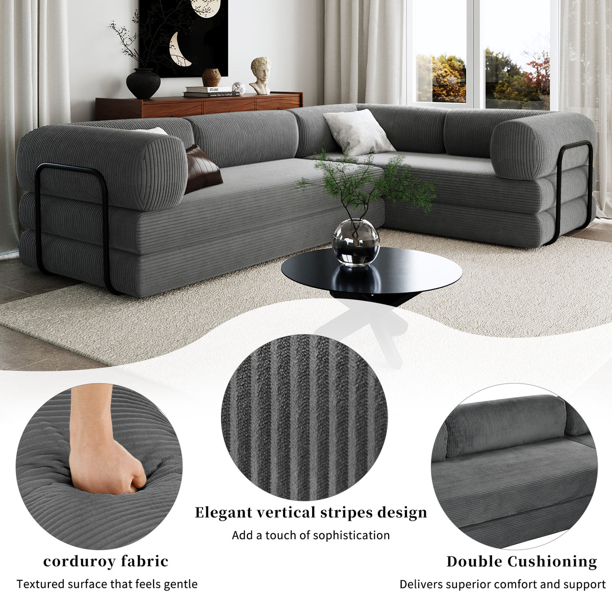 variant-group:rf-n711wy000463aae|Roomfitters Modern L-Shaped Modular Sofa Bed, Corduroy Convertible Sleeper Sectional Couch with Industrial Metal Frame, Grey