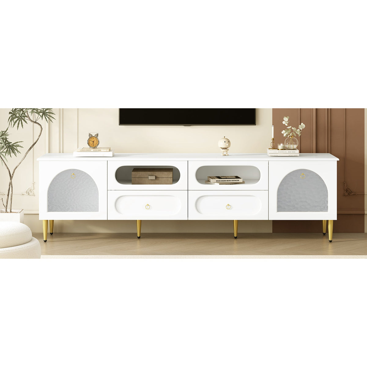 Roomfitters Retro TV Stand for up to 85 Inch TV, Media Console Cabinet with Drawers, Cabinets and Metal Legs, White Roomfitters