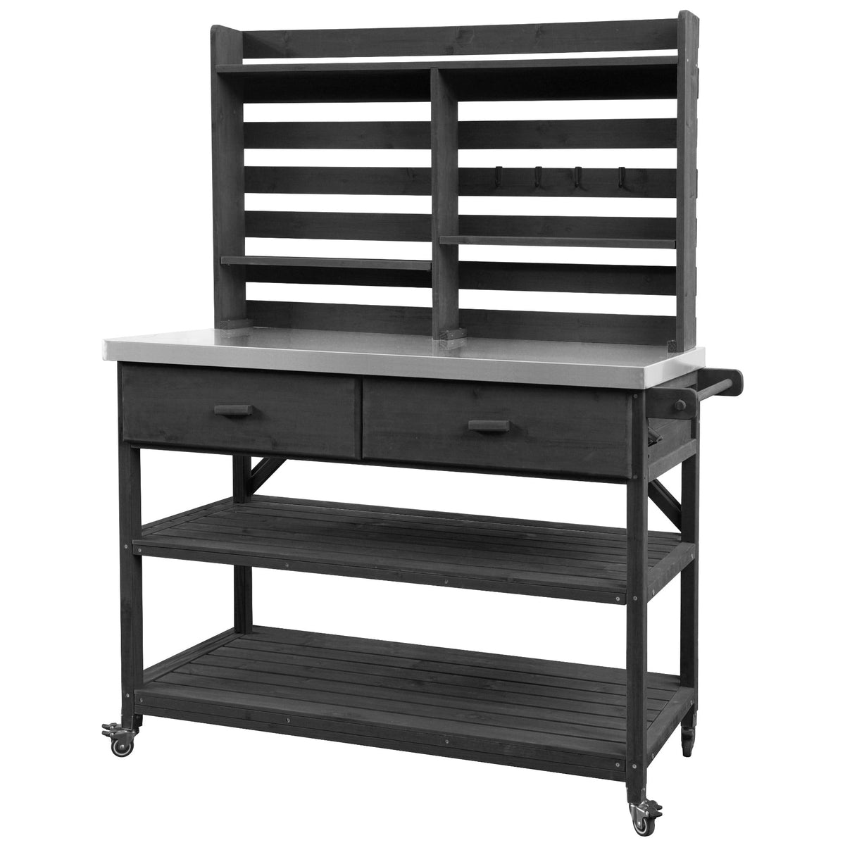 Roomfitters 64.9" Outdoor Potting Bench & Kitchen Island with Stainless Steel Top, Propane Rack & Lockable Wheels, Black