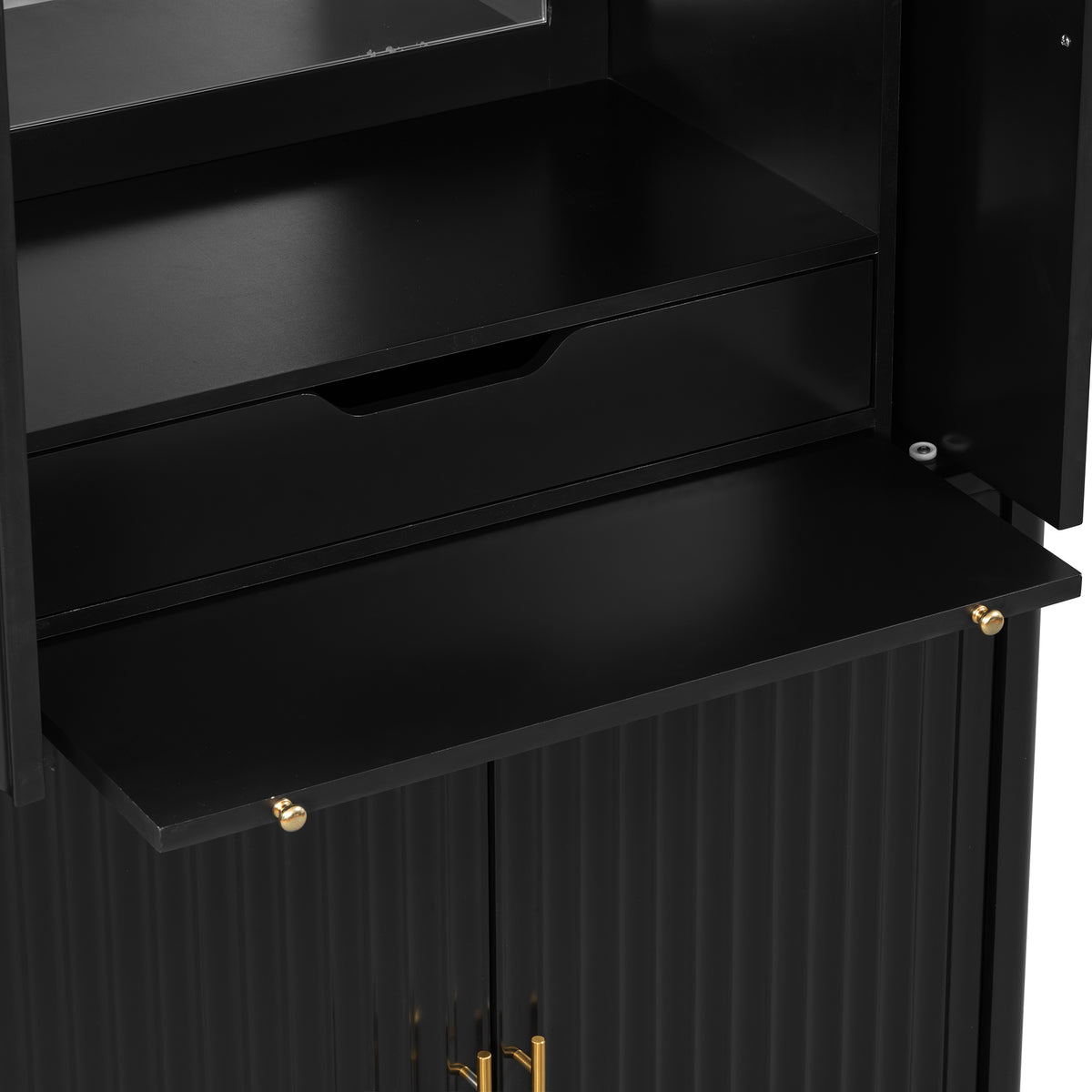 variant-group:rf-n711wy000539aab|Roomfitters Modern Black Fluted 4-Door Tall Wine Bar Storage Cabinet, Glass Display Rack, Built-In LED Lighting