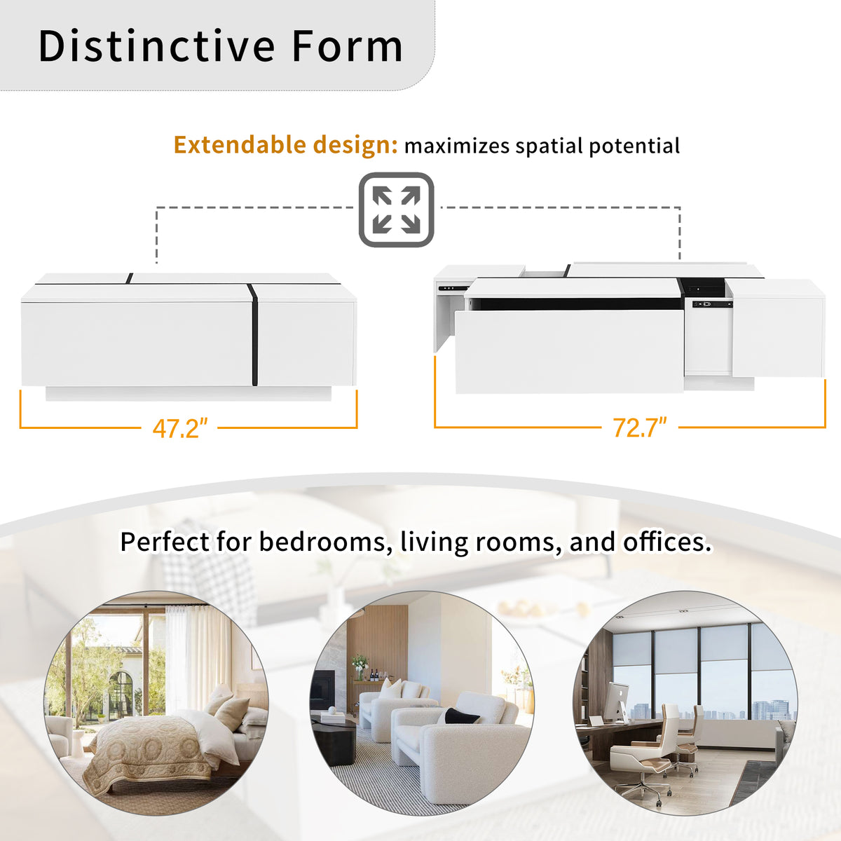 variant-group:rf-n724p292070k|Roomfitters Glossy Extendable Coffee Table with 2 Drawers and Hidden Storage Compartments, Multi-Functional Design, White