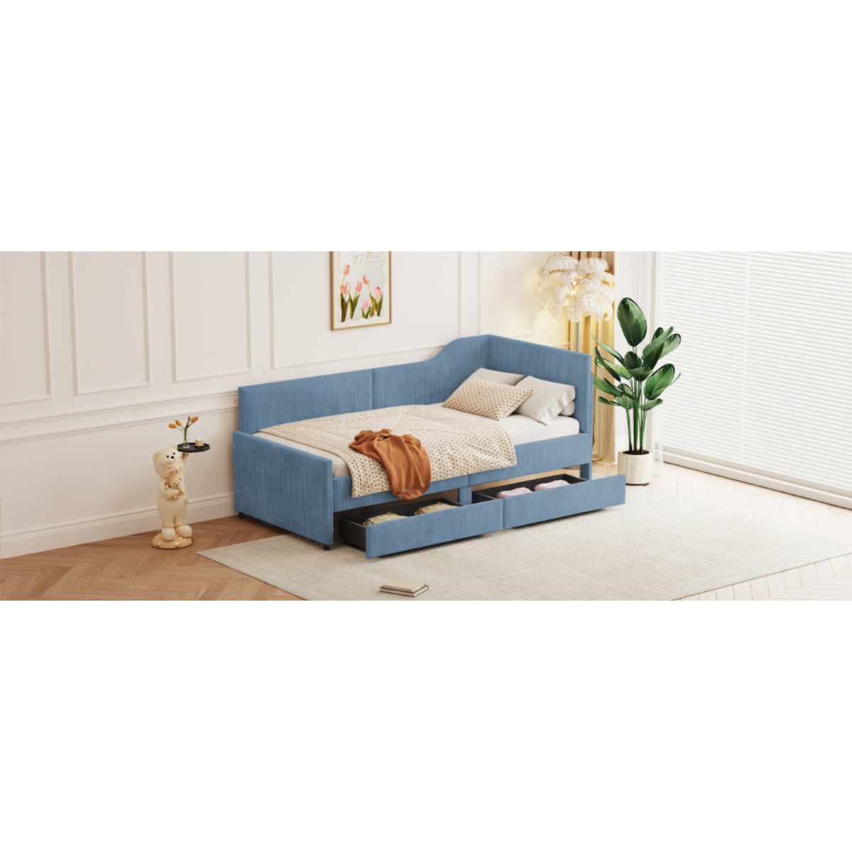 variant-group:rf-n733p171470c|Roomfitters Twin Size L-Shaped Corduroy Daybed, Upholstered Platform Bed Frame with 2 Spacious Storage Drawers for Functional Elegance, Blue