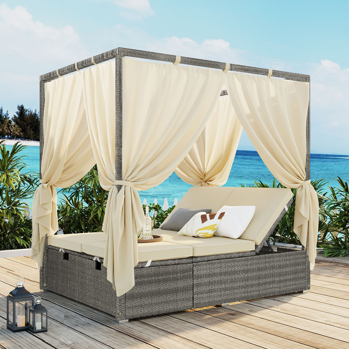 variant-group:rf-n711wy000471aaa|Roomfitters Modern Tropical Beige PE Rattan Outdoor Double Sun Lounger, Patio Daybed, Adjustable Recline, Canopy
