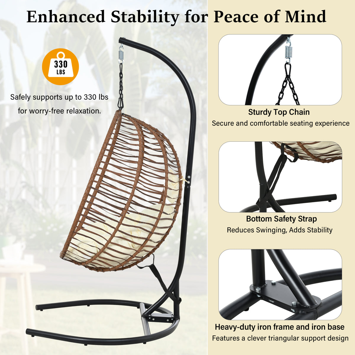 variant-group:rf-n711p389503k|Roomfitters Single Person Folding Egg Chair with Stand, UV Resistant Wicker Rattan Swing for Patio, Garden, Brown+Beige
