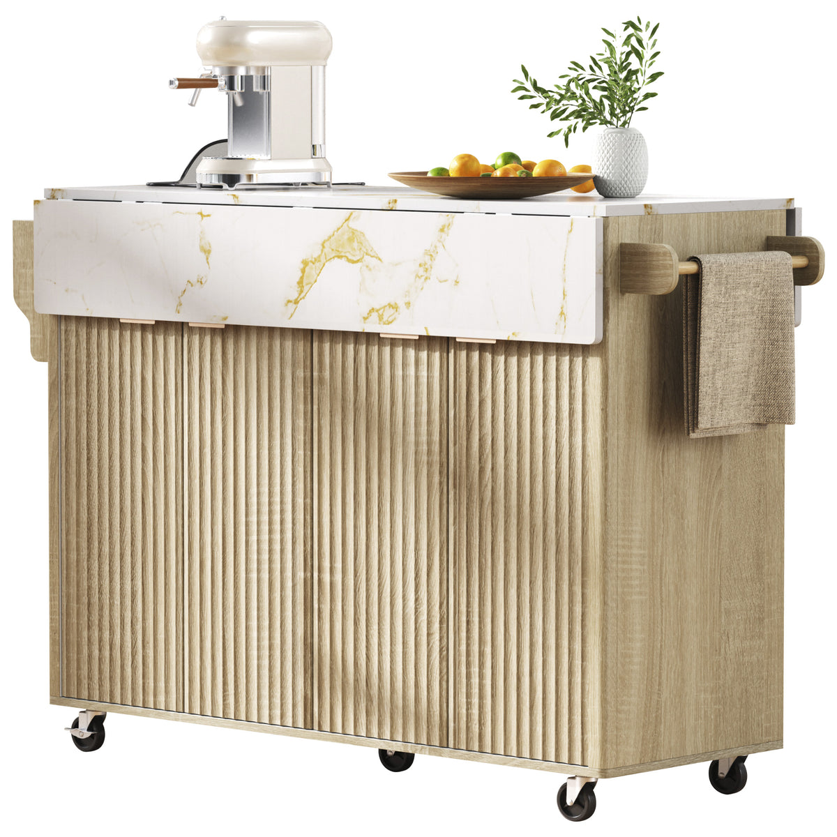 variant-group:rf-n707p353934y|Roomfitters 55.5" Fluted Kitchen Island with Double Drop Leaf, Natural Storage Cart with Power Outlet & Faux Marble Top