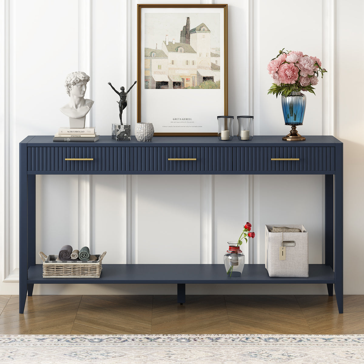 variant-group:rf-n711p190531v|Roomfitters Entryway Console Table with Vertical Stripe Pattern and Long Legs, Storage for Hallway, Navy Blue