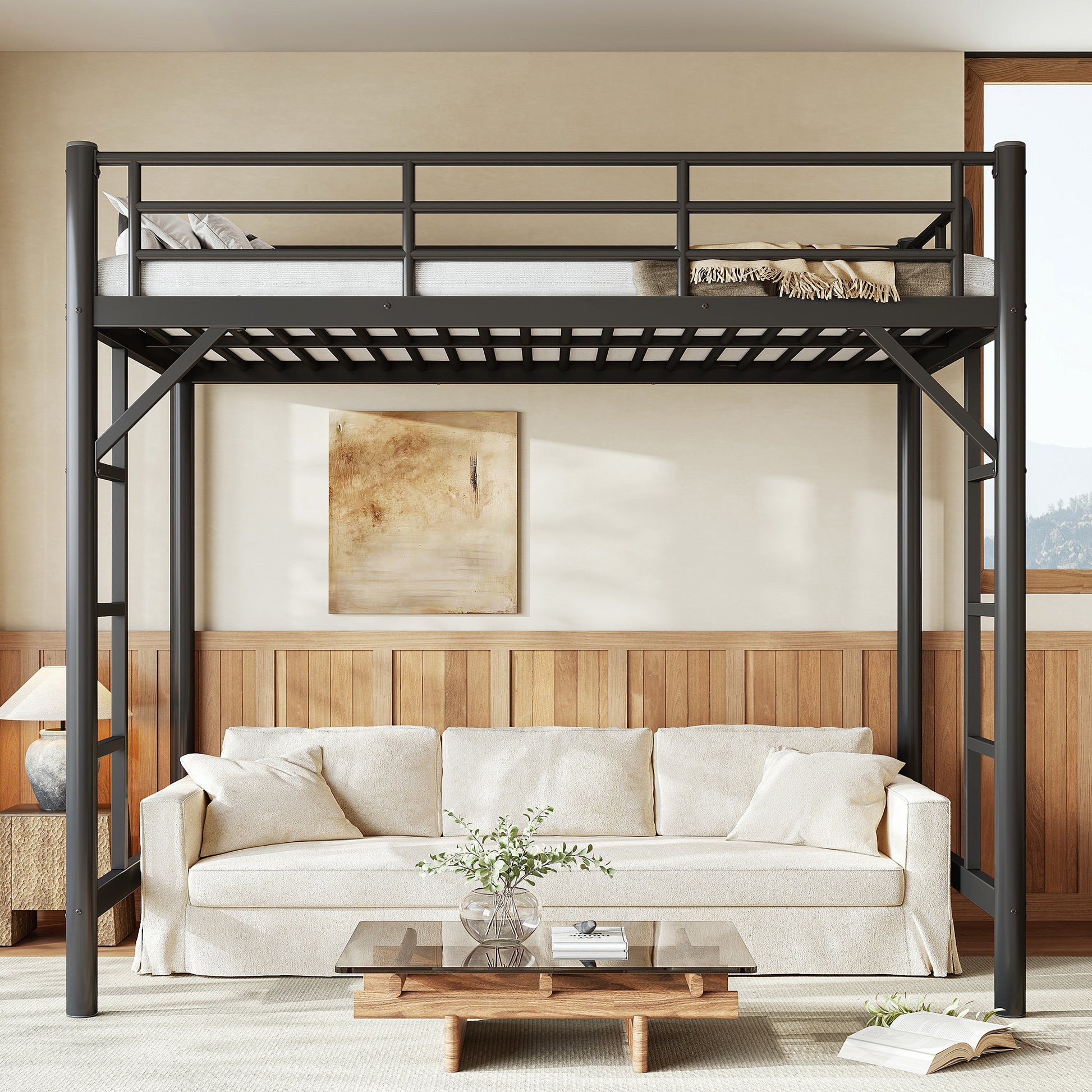 variant-group:rf-w1580p455010|Roomfitters Twin Size Metal Loft Bed Frame with Guardrails, Heavy Duty Space Saving High Loft Bed Dual Ladders, Black