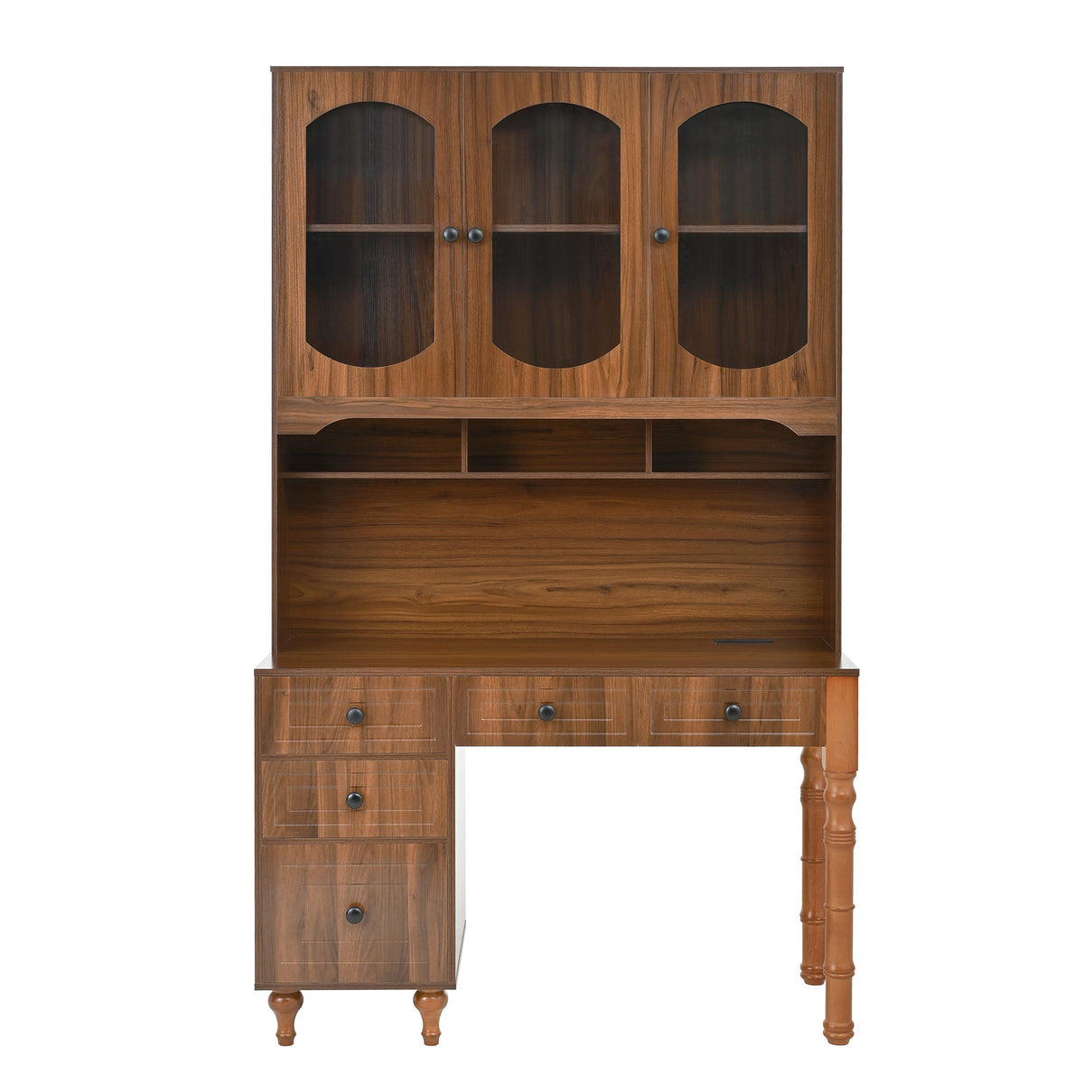 Roomfitters 47'' Retro Desk with Charging Ports and Hutch, Office Desk with 5 Storage Drawers and Glass Bookshelf, Walnut