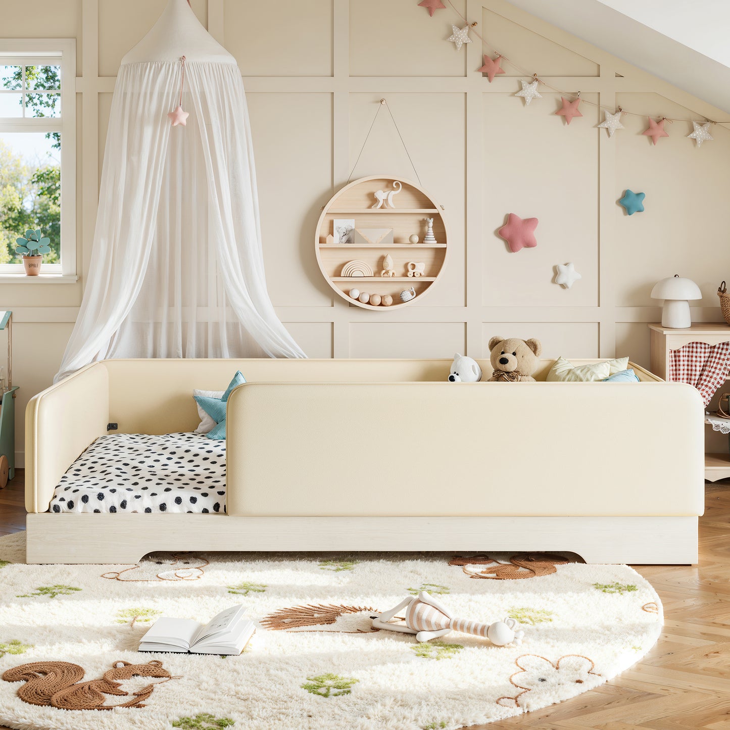 variant-group:rf-w1580p493129|Roomfitters Twin Size Upholstered Floor Bed Frame with Removable Guardrails, Faux Leather Low Profile Platform, Beige