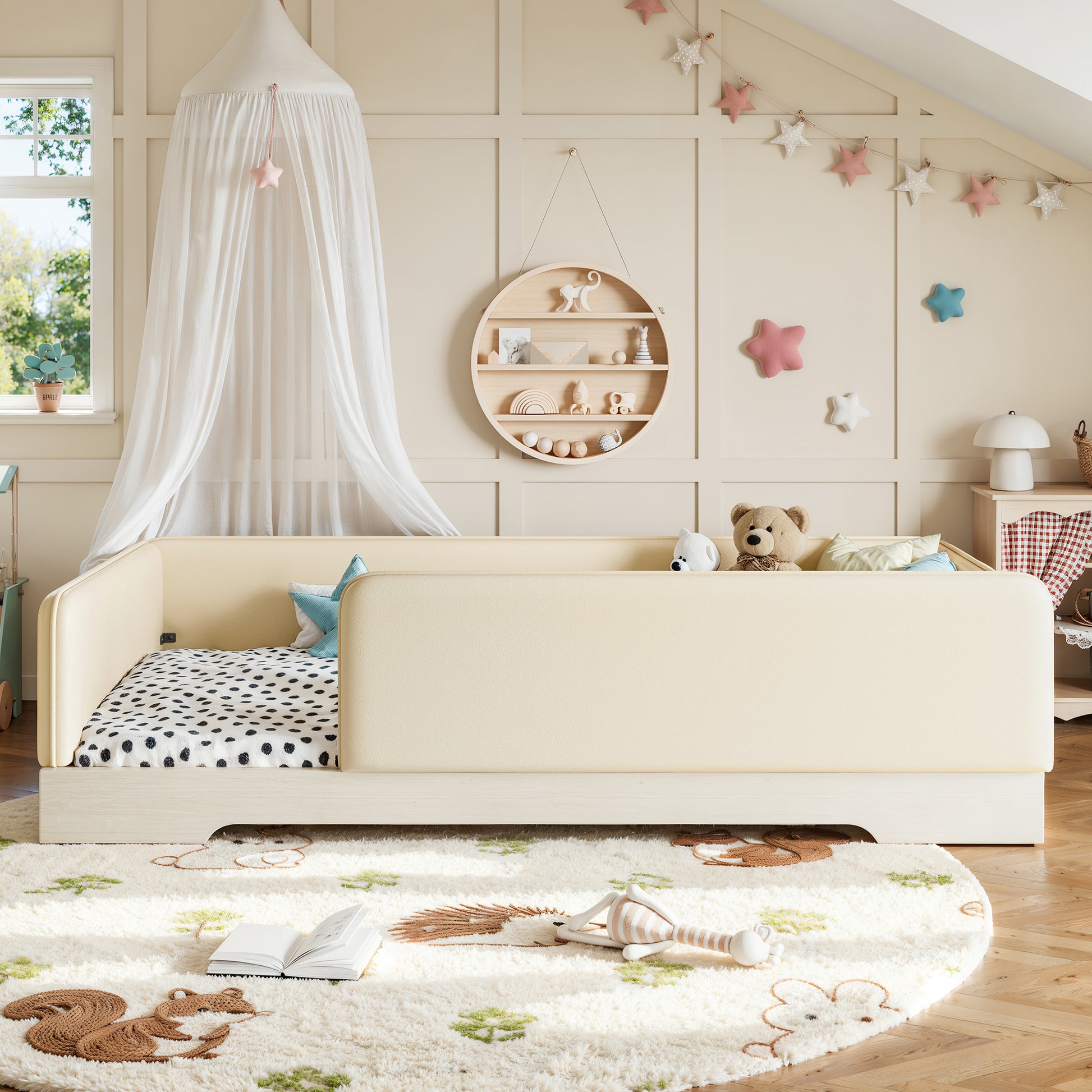 variant-group:rf-w1580p493129|Roomfitters Twin Size Upholstered Floor Bed Frame with Removable Guardrails, Faux Leather Low Profile Platform, Beige