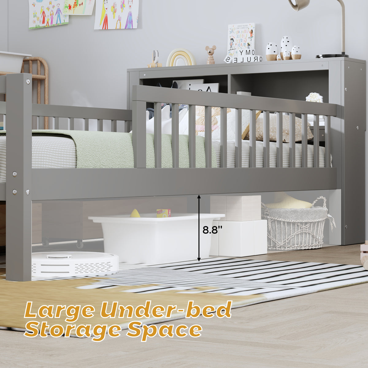 variant-group:rf-n733p272374e|Roomfitters Twin Bed with Headboard Storage Rack, Under-Bed Storage and Three-Side Guardrails, Gray