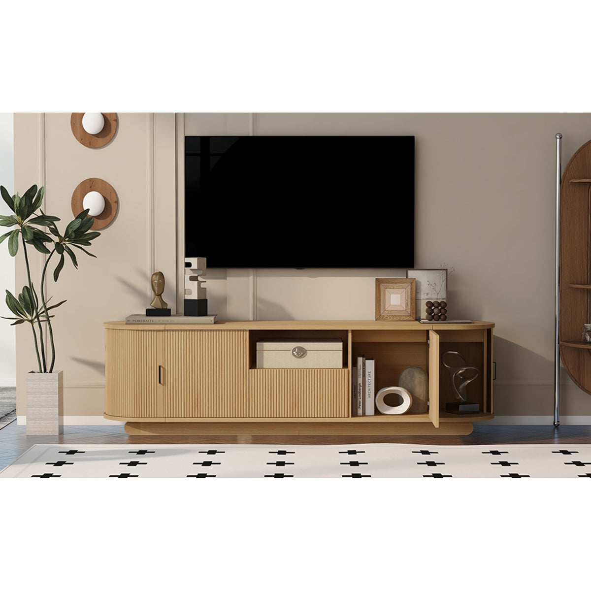 Roomfitters American Style TV Stand Console with Hidden Sliding Doors, Acacia Wood Roomfitters