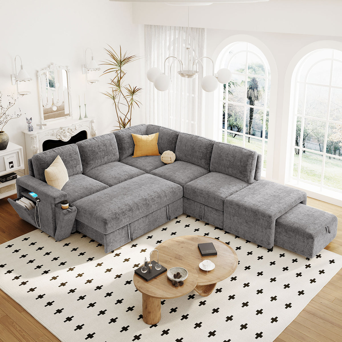 variant-group:rf-n711wy000390aae|Roomfitters L-Shaped Padded Modular Sofa with Storage Space, USB Ports, and Cup Holders on the Armrests, Suitable for Living Rooms, Offices, and Apartments, Gray