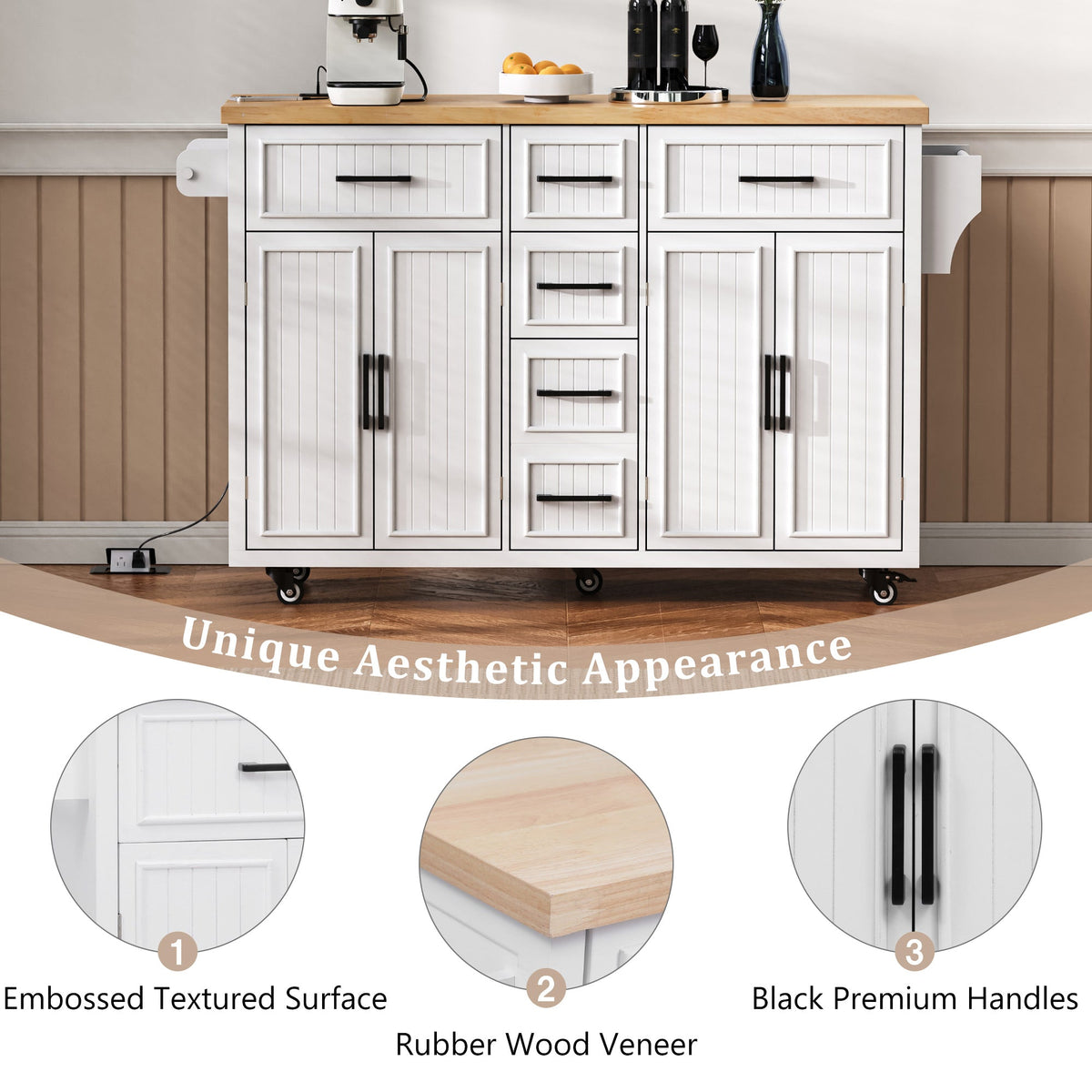Roomfitters 56.5" Kitchen Island with Drop Leaf, Rolling Kitchen Cart with 5 Storage Drawers, Spice Rack & Towel Holder, White